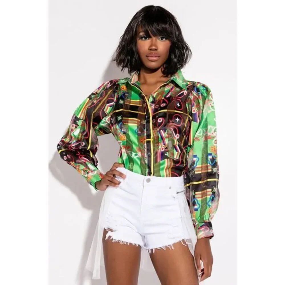 Akira C'EST LA VIE PRINTED BLOUSE GREEN MULTI SZ M